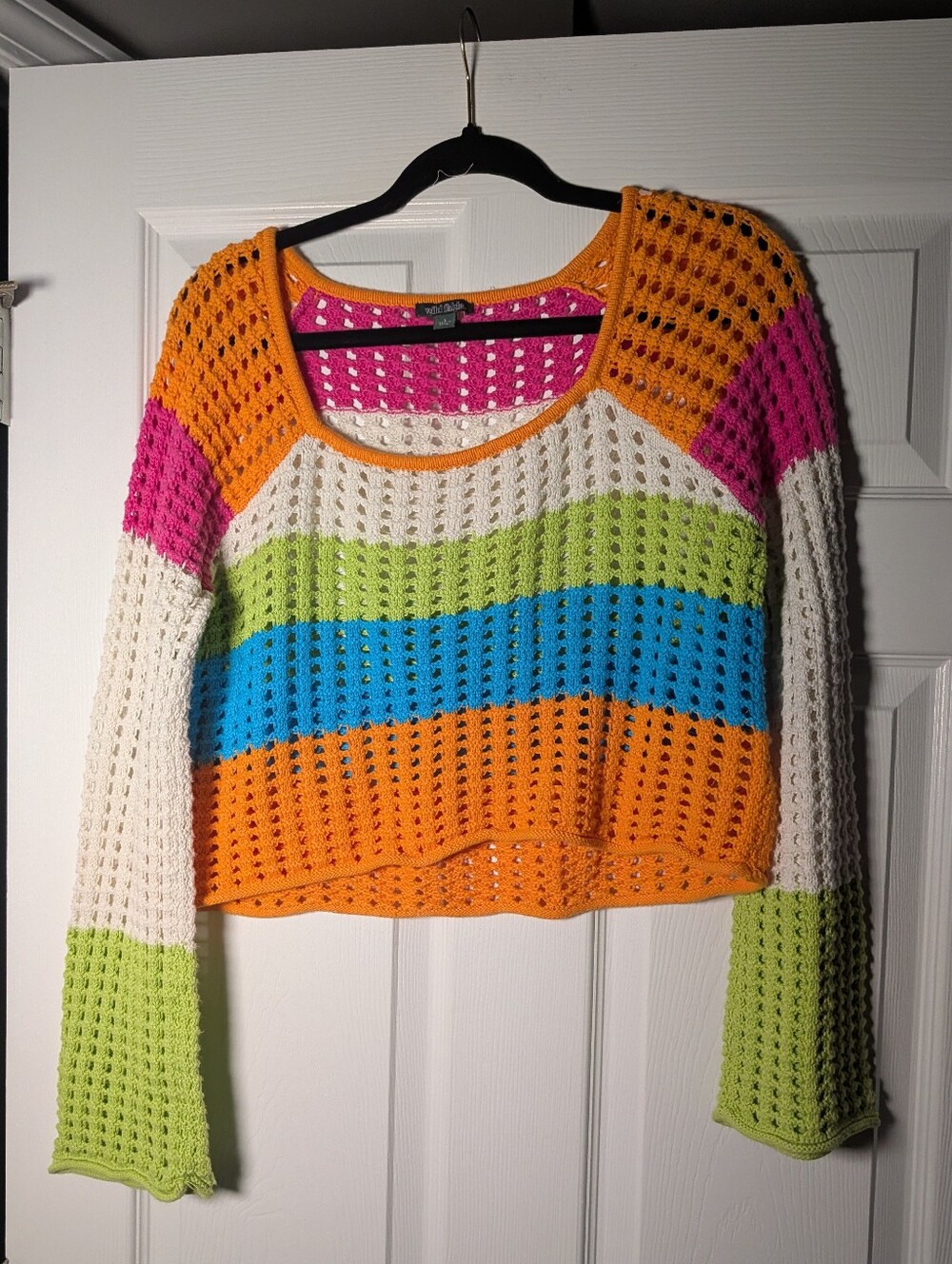 100% Cotton, Boho, Festival Rainbow Crochet Open Knit Sweater Y2K Colorblock